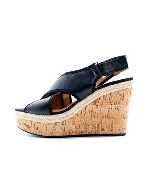 Franco Sarto Taylor Black Leather 4" Wedge Heel Platform Sandals - 8.5